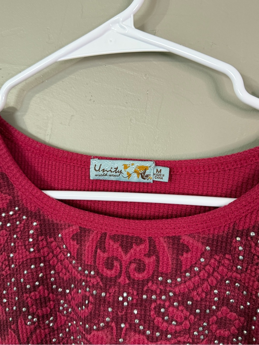 Unity World Wear Raspberry Lace-Yoke Long Sleeve Top with Rhinestones - Picture 2 of 6